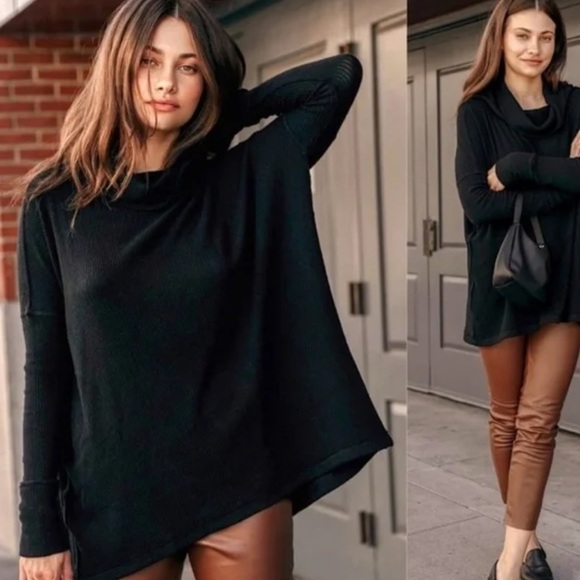 Free People Juicy Long Sleeve Cowl Neck Oversized Top Black - Size XS - Picture 3 of 4